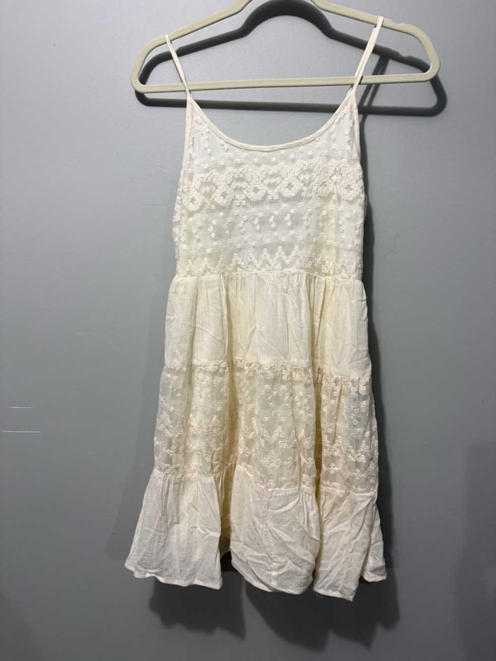 Boho Babydoll Lace Cream Tiered Mini Sundress Open Back S western cottagecore